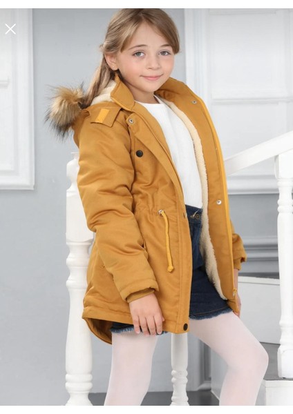 Kız Çocuk Su Geçirmez Çıkarılabilir Kapüşonlu Pelüş Kürk Astarlı Uzun Mont Kaban