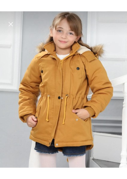Kız Çocuk Su Geçirmez Çıkarılabilir Kapüşonlu Pelüş Kürk Astarlı Uzun Mont Kaban