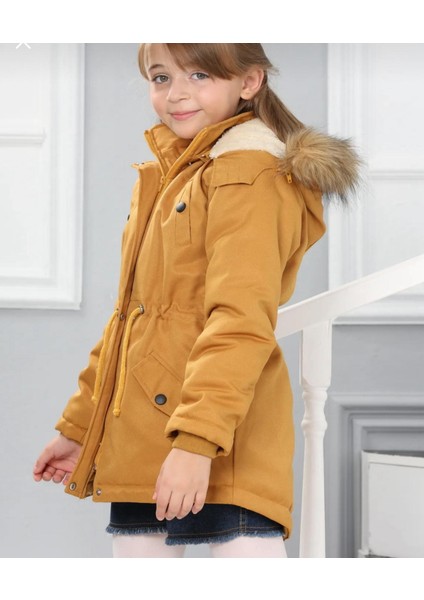 Kız Çocuk Su Geçirmez Çıkarılabilir Kapüşonlu Pelüş Kürk Astarlı Uzun Mont Kaban