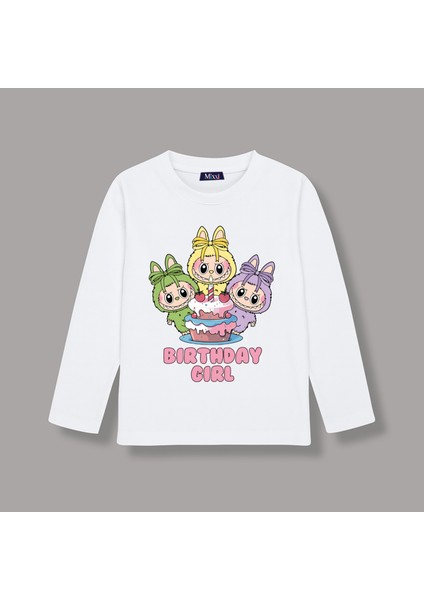 Labubu Birthday Girl Uzun Kollu Baskılı Kız Çocuk Tişört (4-13 Yaş)