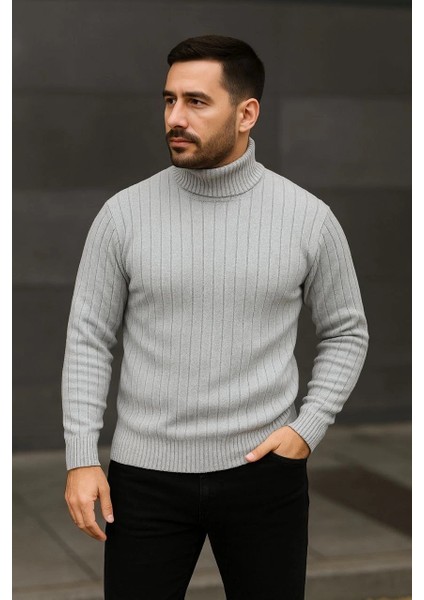 Erkek Balıkcı Yaka Bağazlı Triko Kazak Pamuklu Kalın Fitilli Dokuma, Regular Fit Uzun Kollu Kışlık Model - Gri fırsatları