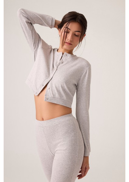 x Ece Gri Melanj Petek Dokulu Düğmeli Pijama Takımı Pointelle Pj