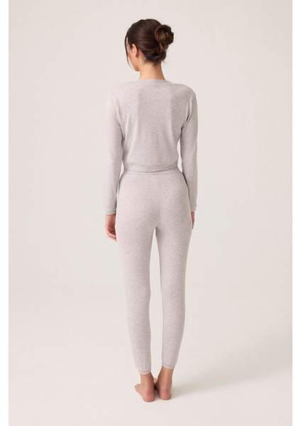 x Ece Gri Melanj Petek Dokulu Düğmeli Pijama Takımı Pointelle Pj modelleri