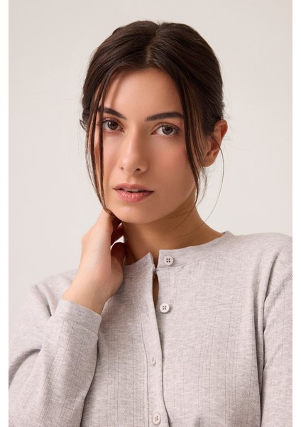 x Ece Gri Melanj Petek Dokulu Düğmeli Pijama Takımı Pointelle Pj