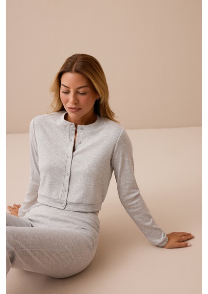 x Ece Gri Melanj Petek Dokulu Düğmeli Pijama Takımı Pointelle Pj