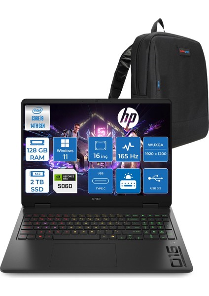 Omen 16-AM0007NT Intel Core I9 14900HX 128GB Ddr5 2tb SSD RTX5060 8gb Gddr7 Windows 11 Home 16 Inç IPS Wuxga (1920X1200) 165Hz 3ms 400NITS 100% Srgb Taşınabilir Bilgisayar WBQ3Q8EAH51 + Zetta Çanta