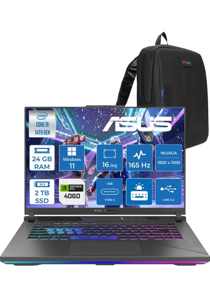 Rog Strix G16 G614JVR 14. Nesil Intel I9-14900HX 24GB Ddr5 2tb SSD RTX4060/8GB 140W 16 Inç (1920 x 1200, Wuxga) 165Hz IPS WIN11HOME Gaming Bilgisayar WN3095H09+ZETTAÇANTA