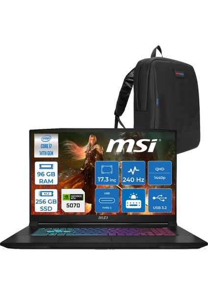 Msı Katana 17 Hx B14WGK Intel Core I7-14650HX 96GB Ddr5 256GB SSD RTX5070/8GB 115W 17.3 Inç 2k Qhd 240Hz Freedos Gaming Bilgisayar 046XTRF31+ZETTAÇANTA