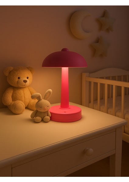Pembe Mantar Masa Lambası 3 Renk Işık (Kırmızı, Beyaz, Gün Işığı) USB Girişli, Ayarlanabilir Şiddet