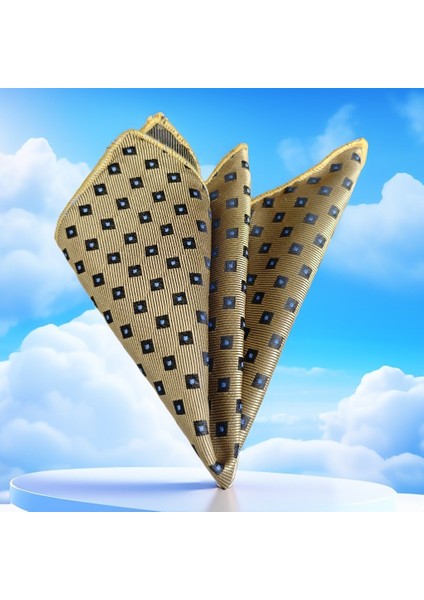 Sarı Üzeri Mavi Baklava Kare Desenli Jakar Dokuma Cep Yaka Mendili