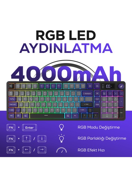 HK258 Membrane LCD Rgb Kablosuz/bluetooth Gri Mor Full Türkçe Gaming Klavye fiyatları