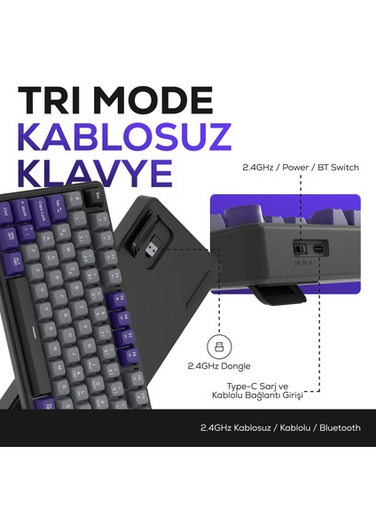 HK258 Membrane LCD Rgb Kablosuz/bluetooth Gri Mor Full Türkçe Gaming Klavye modelleri