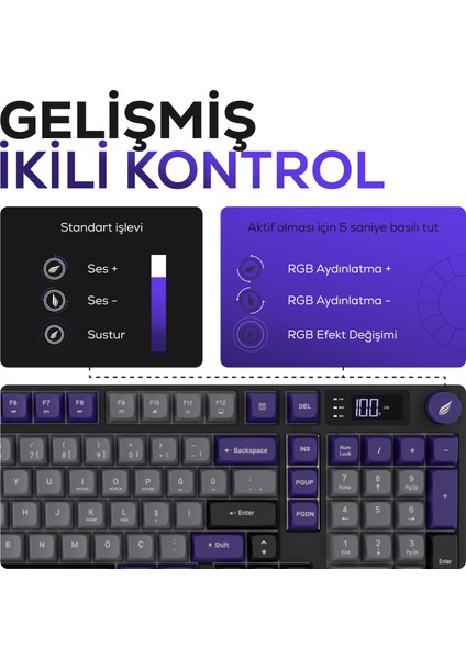 HK258 Membrane LCD Rgb Kablosuz/bluetooth Gri Mor Full Türkçe Gaming Klavye fırsatları