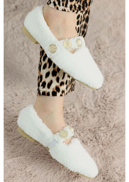 Kadın Inci ve Tuğra Detaylı Peluş Babet - Beyaz - 38 fiyatları