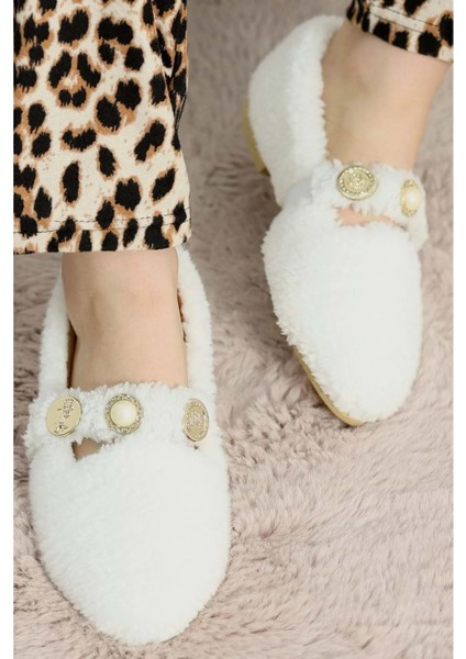 Kadın Inci ve Tuğra Detaylı Peluş Babet - Beyaz - 38 modelleri