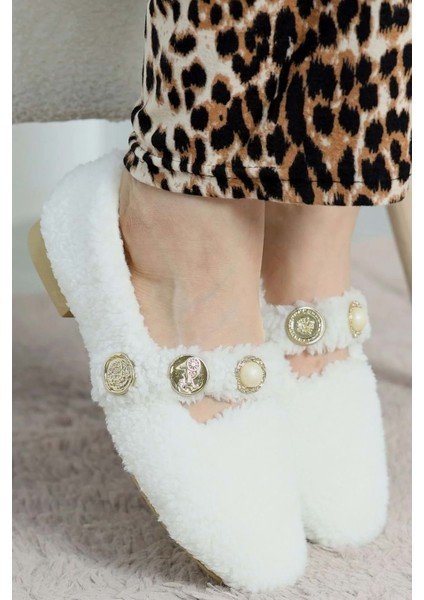 Kadın Inci ve Tuğra Detaylı Peluş Babet - Beyaz - 38 indirimleri