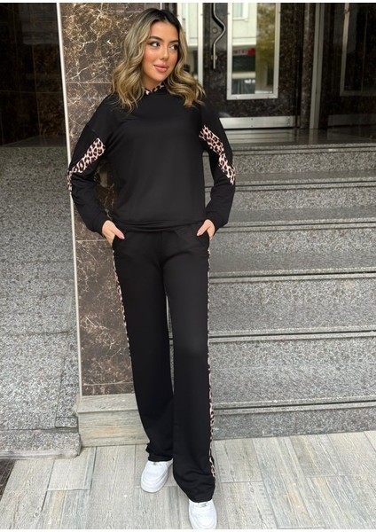 Kadın Kapüşonlu Leopar Detay Sweat Ve Yüksek Bel Yanları Leopar şeritli Bol Paça Pantolon Ikili Takım - 2XL - Siyah fiyatları