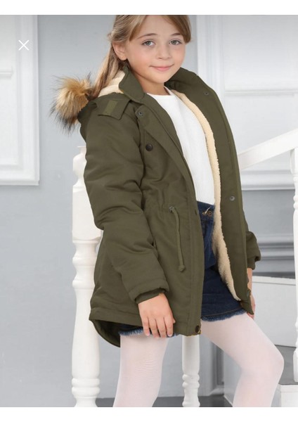 Kız Çocuk Su Geçirmez Çıkarılabilir Kapüşonlu Pelüş Kürk Astarlı Uzun Mont Kaban
