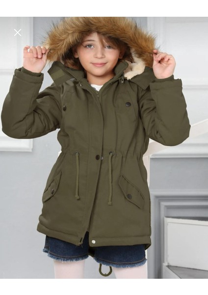 Kız Çocuk Su Geçirmez Çıkarılabilir Kapüşonlu Pelüş Kürk Astarlı Uzun Mont Kaban