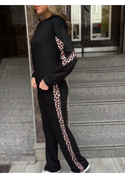 Kadın Kapüşonlu Leopar Detay Sweat Ve Yüksek Bel Yanları Leopar şeritli Bol Paça Pantolon Ikili Takım - 2XL - Siyah fırsatları