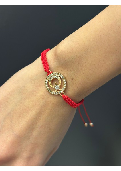 Zirkon Taşlı Ay Yıldız Kırmızı Ip Bileklik