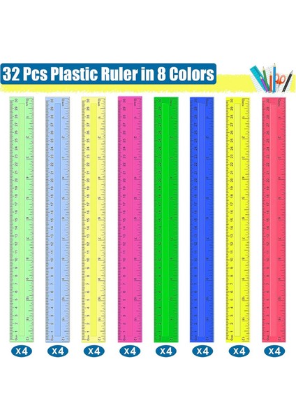 12 Inç Plastik Cetveller, 32 Adet Şeffaf Çeşitli Renk Metrik Dökme Yöneticiler Inç Santimetre Milimetre. (Yurt Dışından) fiyatları