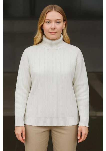 Kadın Balıkcı Yaka Bağazlı Triko Kazak Pamuklu Kalın Fitilli Dokuma - Beyaz modelleri