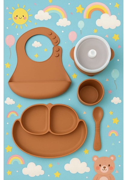 5li Silikon Sızdırmaz Bebek Beslenme Seti Bej