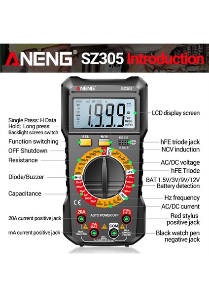 Aneng SZ305 1999 Multimetre Kondansatör Test Edicileri Sayısı Akıllı Voltmetre Ac/dc Voltaj Akım Direnci Ohm Test Araçları Siyah (Yurt Dışından)
