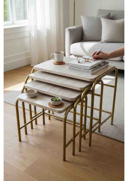 Modern 4’lü Zigon Sehpa | Eskitme Gold Metal Ayak, Mermer Desenli