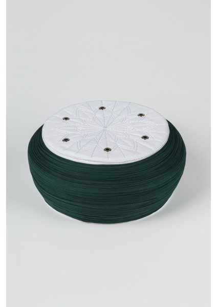 Talebe Sarığı - Yeşil Kumaş - Beyaz Takke - Yuvarlak Sarım - Kuş Gözü - 5 Metre