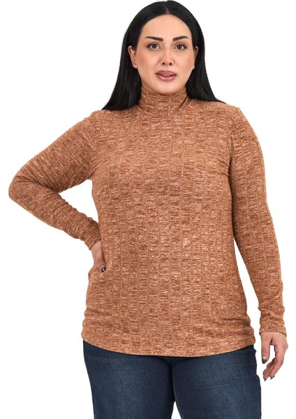 Büyük Beden Yarım Balıkçı Uzun Kollu Triko Çizgili Kahverengi Body