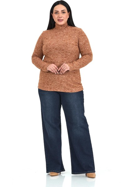 Büyük Beden Yarım Balıkçı Uzun Kollu Triko Çizgili Kahverengi Body fiyatları