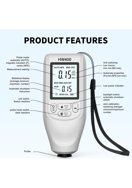 Otomatik HW400 Araç Boya Kalınlığı Göstergesi 0-2000UM Muayene Araçları Test Cihazı Dijital Araba Boya Ölçüm Cihazı Beyaz (Yurt Dışından) indirimleri