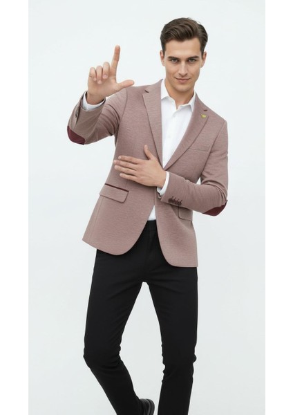 Bordo Erkek İtalyan Kesim Blazer Ceket – Kol Yamali, Slim Fit, Şık ve Modern Tasarım