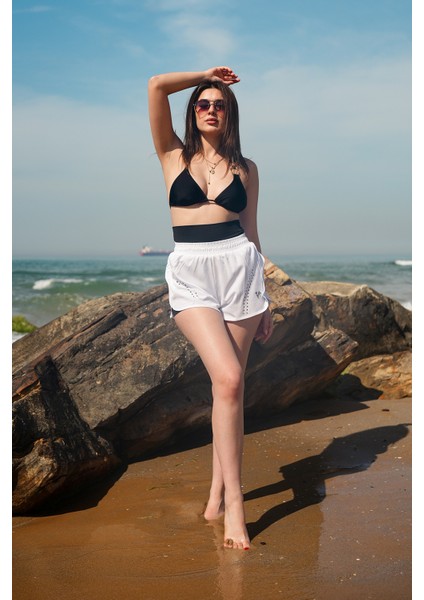 Kadın Havuz Deniz Şortu Lazerli - Içden Taytlı Ekstra Bel ve Göbek Korseli