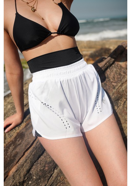 Kadın Havuz Deniz Şortu Lazerli - Içden Taytlı Ekstra Bel ve Göbek Korseli