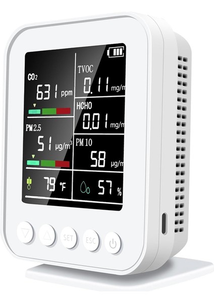 Pm2.5 ile Akıllı 7 Arada 1 Hava Kalitesi Monitörü, Alarm, Sıcaklık ve Nem Sensörleri ile Co2 Detektörü, LED Ekran (Yurt Dışından)