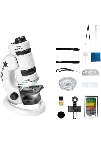 Çocuk Bilim Mikroskop Kiti 60-180X Educational Mini Cep El Taşına Taşıyan Akıllı Telefon Mikroskop LED Açık Beyaz+Siyah (Yurt Dışından)