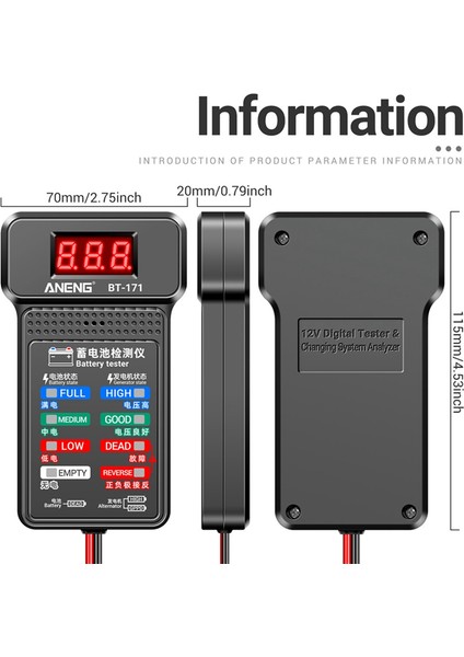 Aneng Pil Test Cihazı Araçları BT-171 Otomotiv Teşhis Araçları 12V Pil Analizörü (Yurt Dışından)