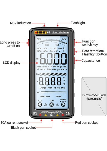 Aneng 681 Şarj Edilebilir Dijital Multimetre Tasarım Olmayan Voltaj Test Cihazı Ac/dc Voltaj Ölçer LCD Ekran Akım Test Cihazı Siyah (Yurt Dışından)
