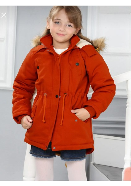 Kız Çocuk Su Geçirmez Çıkarılabilir Kapüşonlu Pelüş Kürk Astarlı Uzun Mont Kaban