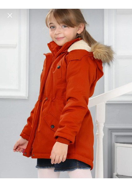 Kız Çocuk Su Geçirmez Çıkarılabilir Kapüşonlu Pelüş Kürk Astarlı Uzun Mont Kaban