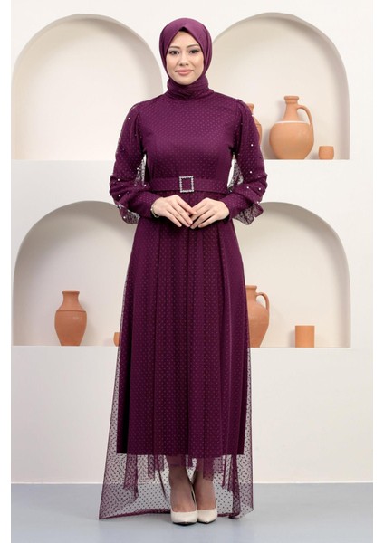 Kemeri Taşlı Tül Abiye Mürdüm 12242