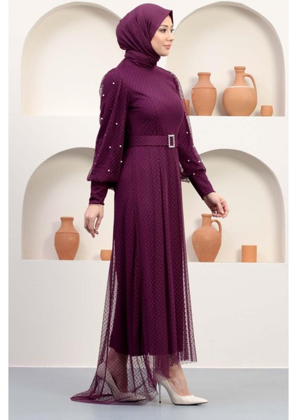 Kemeri Taşlı Tül Abiye Mürdüm 12242 modelleri