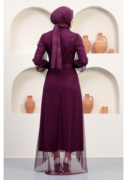 Kemeri Taşlı Tül Abiye Mürdüm 12242 fırsatları