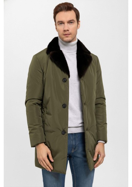 Haki Yeşil Kumaş Hugo Yakası Kürk Erkek Kaban