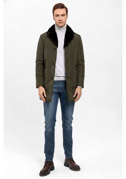 Haki Yeşil Kumaş Hugo Yakası Kürk Erkek Kaban modelleri