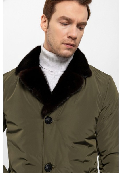 Haki Yeşil Kumaş Hugo Yakası Kürk Erkek Kaban fırsatları