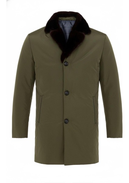 Haki Yeşil Kumaş Hugo Yakası Kürk Erkek Kaban indirimleri